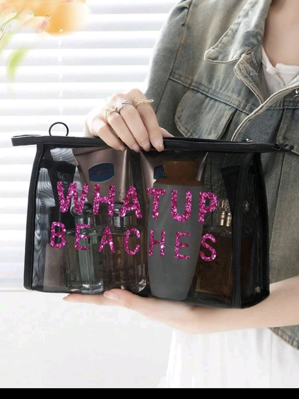 Black Mesh Tote Bag with Pink 'WHATUP BEACHES' Text